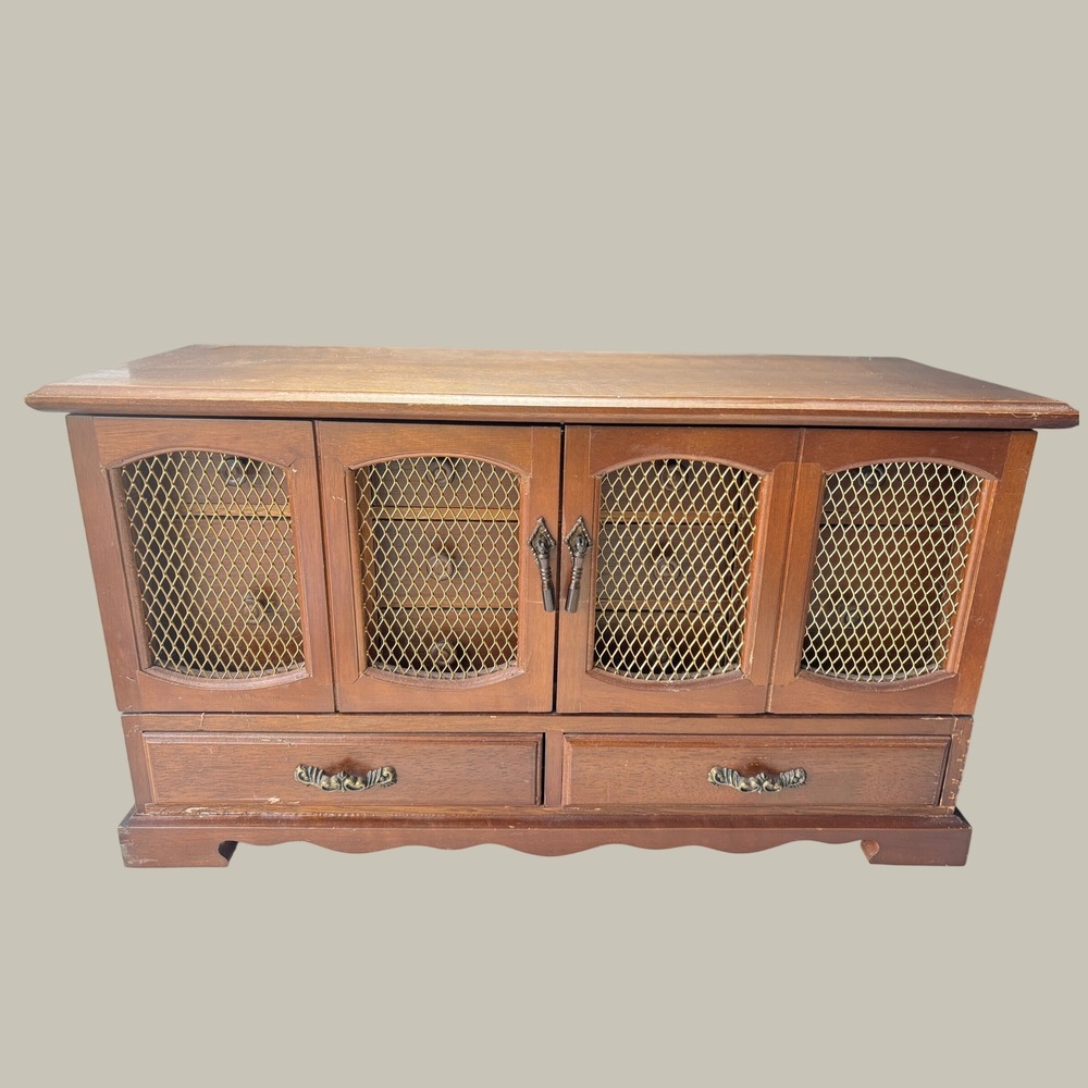Vintage Wood Jewelry Box Armoire Chest Cabinet Mesh Doors Green Velvet Lining